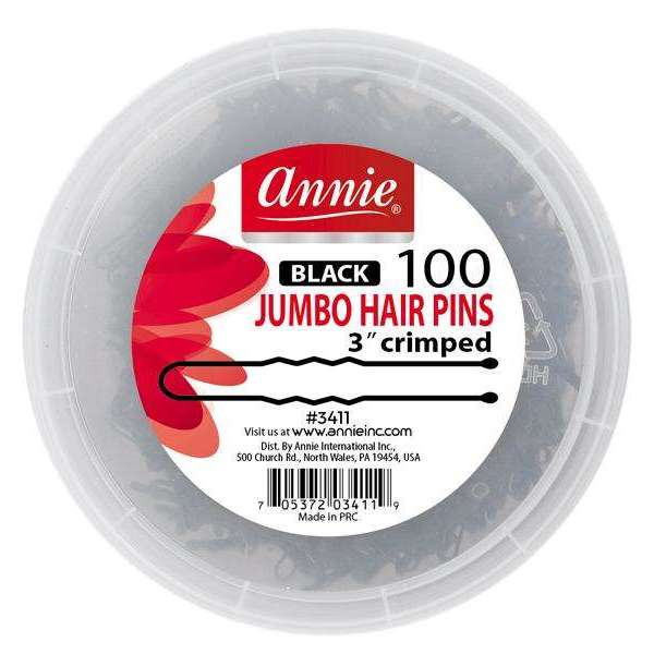 Annie Jumbo Hair Pins Crimped 3 Inch, 100 Count, Black