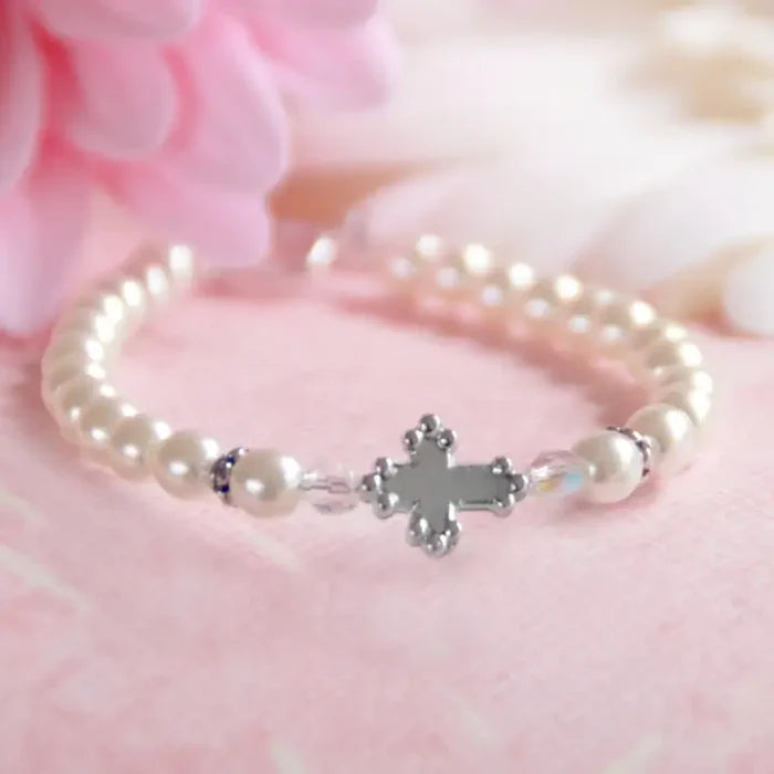 CA Pearls and Rhodium Cross Classic 6" Bracelet