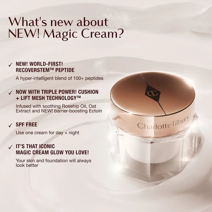 Close-up of Charlotte Tilbury Charlotte's Magic Cream jar showing the luxurious packaging and creamy texture inside.