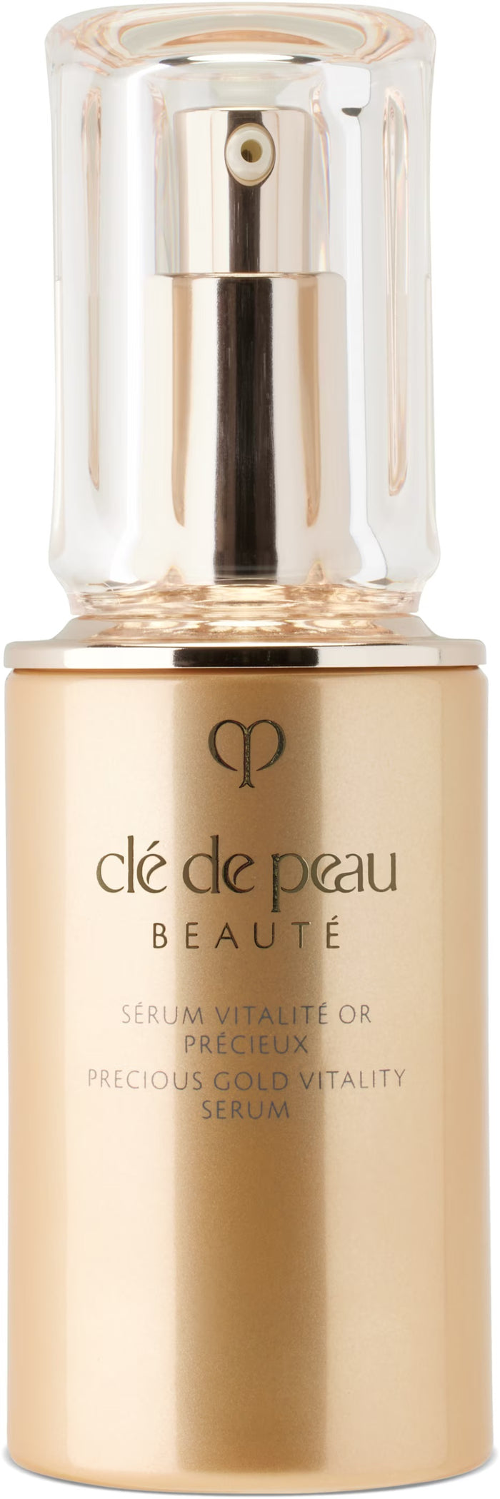 Bottle of CLÉ DE PEAU BEAUTÉ Precious Gold Vitality Serum 40 mL, unopened, with elegant packaging visible.