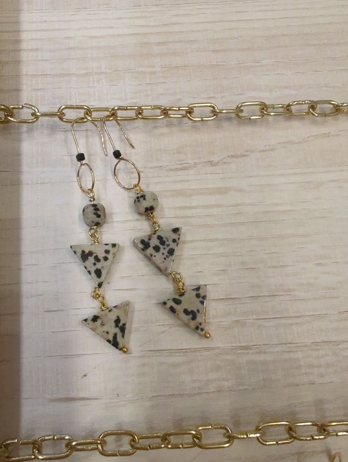Dalmation Triangle Drop Earrings by Skipping Stones Jewelry featuring black and white spotted Dalmatian stone triangles hanging from earring hooks