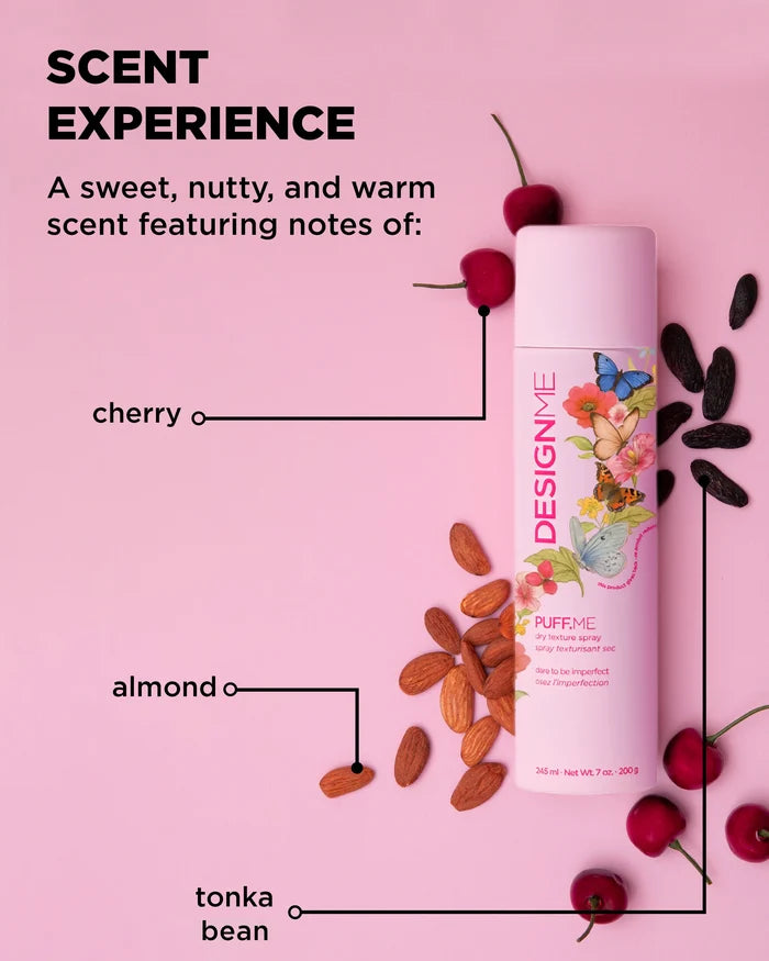 DesignMe Puff.ME dry texture spray bottle with scent, 245ml, for adding volume and texture to hair in a beauty styling setting.
