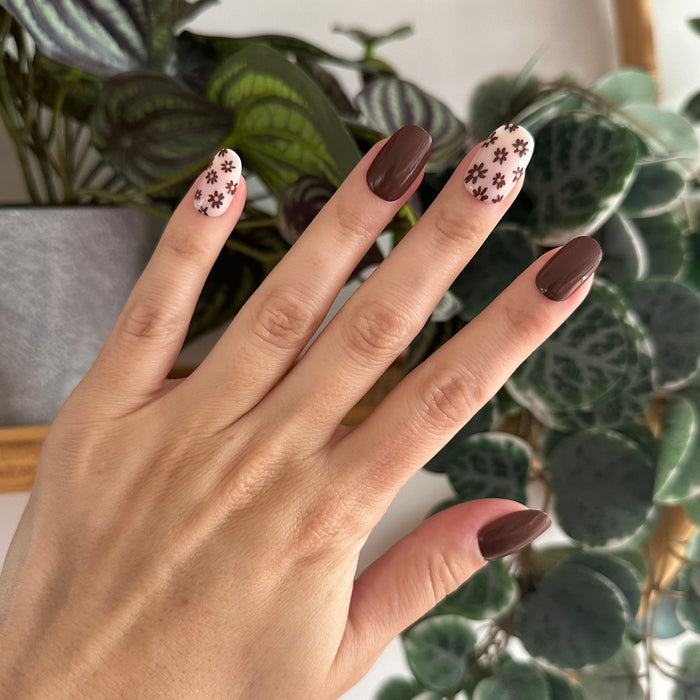 Falling for Flowers | Short | Round - Tab Press-On nails with brown floral and solid deep brown for an easy fall mani