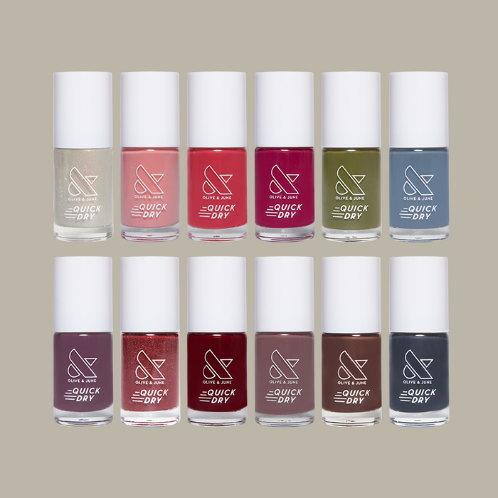 Fall/Winter 2025 Quick Dry Set showing twelve varied nail polish shades in different finishes for easy at-home manicures