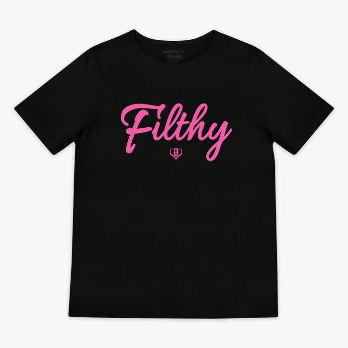 Black and pink Filthy youth graphic tee — front view