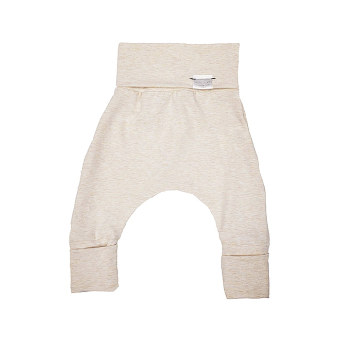 Heather cream grow-with-me pants for toddlers and kids, made from soft, eco-friendly fabric. Adjustable waistband and cuffs for extended wear. Ethically made in Canada.