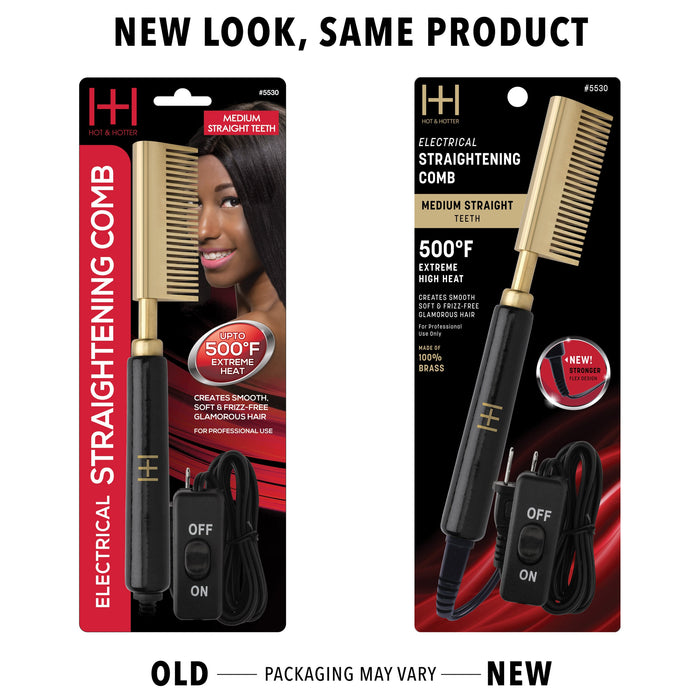 Hot & Hotter Electric Straightening Comb Medium Straight Teeth, 1 Count, Black & Gold