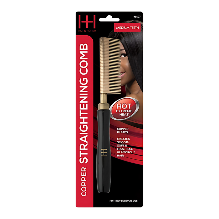 Hot & Hotter Thermal Straightening Comb Medium Teeth Copper Plate, 1 Count, Black & Gold