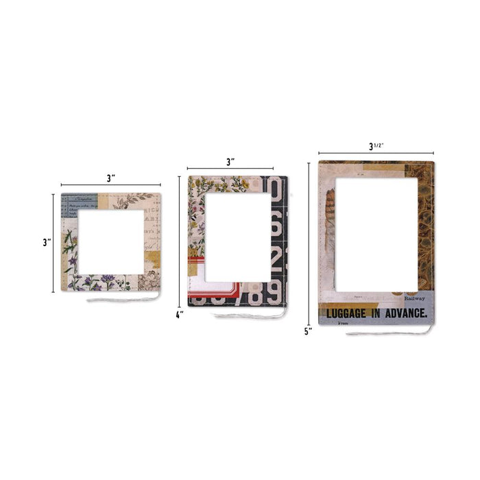 Idea-Ology - Layer Frames - 12/Pkg - Collage. Unique and attractive Tim Holtz Layer Frames Collage, the perfect way to showcase small portraits and art. This set includes an assortment of 12 unique collage frames, each accented with white stitching. Available at Embellish Away located in Bowmanville Ontario Canada.