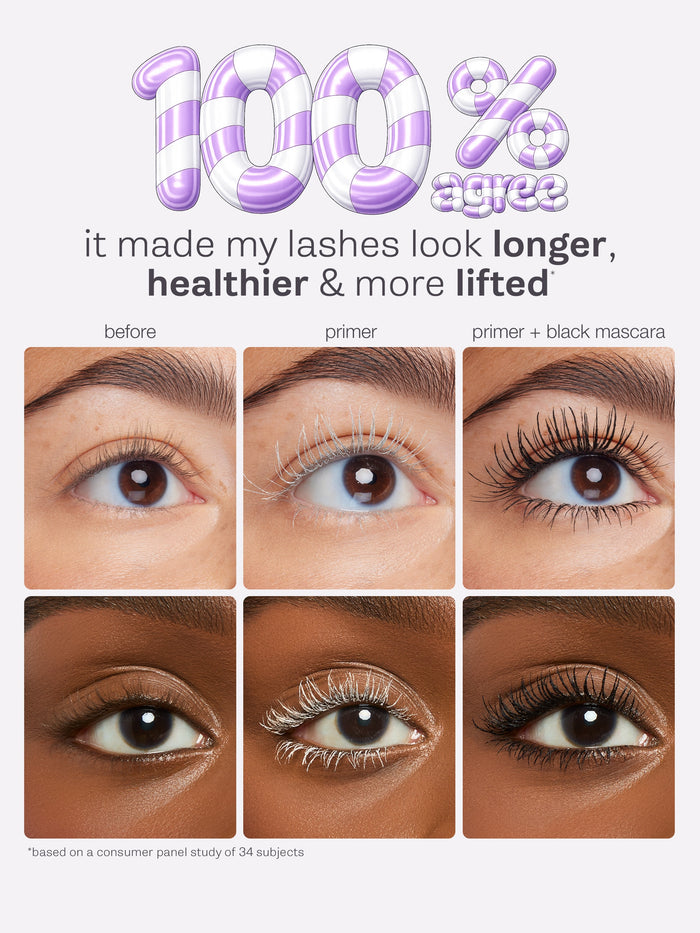 Before and after comparison of eye makeup application with text indicating product effectiveness.