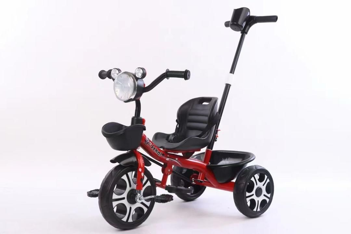 Kids Tricycle with Parent Push Handle | Front Basket | Headlight | Padded Seat | Ages 1-4 | Red
