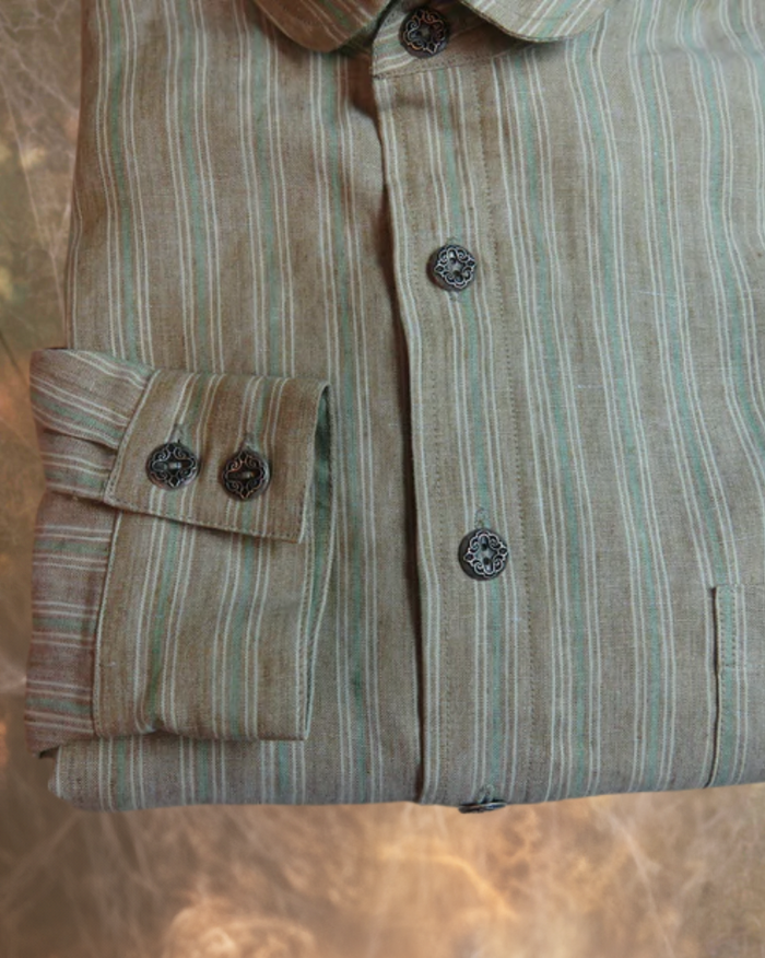 Light Brown with Green and Tan Stripe Men's Dakota Shirt 100% linen