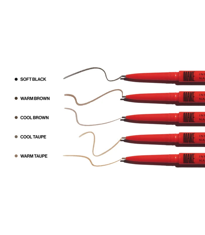 Make Infinite Brow Nano Pencil in various shades, featuring a sleek design and fine tip for precise eyebrow filling.