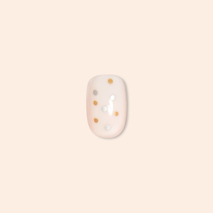 Metallic Confetti - Press-On | Extra Short | Round nail with light base and scattered metallic confetti dots for quick mani