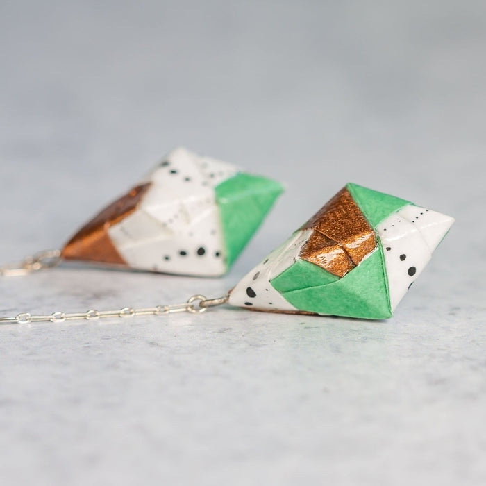 Origami Diamond Paper Earrings - Circle Dot Copper Wasabi - By LeeMo Designs in Bend, Oregon