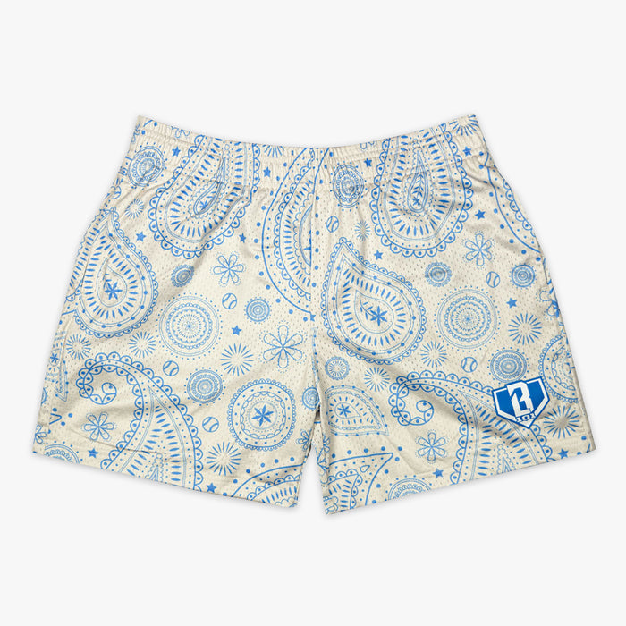 Bone and light blue Paisley youth shorts โ front view