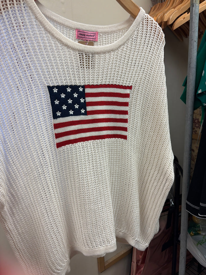 Simply Southern Patriotic Glory mesh pullover top with patriotic design, lightweight and stylish for casual wear.