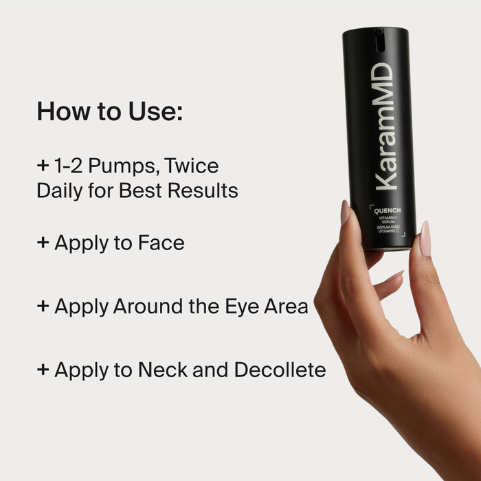 A hand holds a black cylindrical KaramMD Quench skincare pump bottle against a light gray background, next to text outlining how to use it: 1-2 pumps twice daily, on face, around the eye area, and on the neck and decolletage.