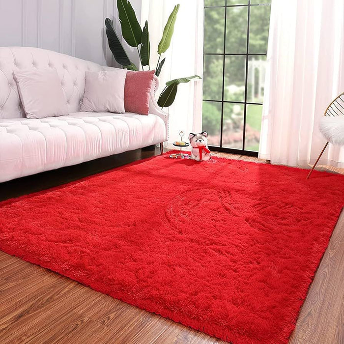 Red Fluffy Shaggy Area Rug | 2x2.25m | Ultra Soft Thick Pile | Living Room Carpet | Red