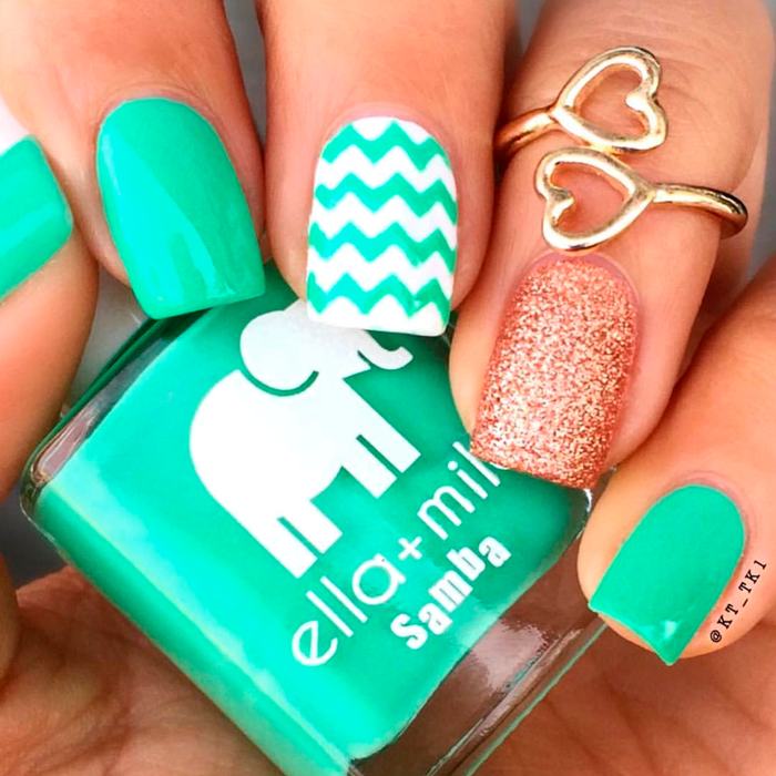 Samba Beats green nail polish with chevron and rose gold glitter accent nails