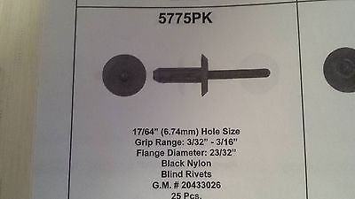 25 Pcs per Pack 17/64'' hole size Black Nylon Blind Rivets GM 20433026