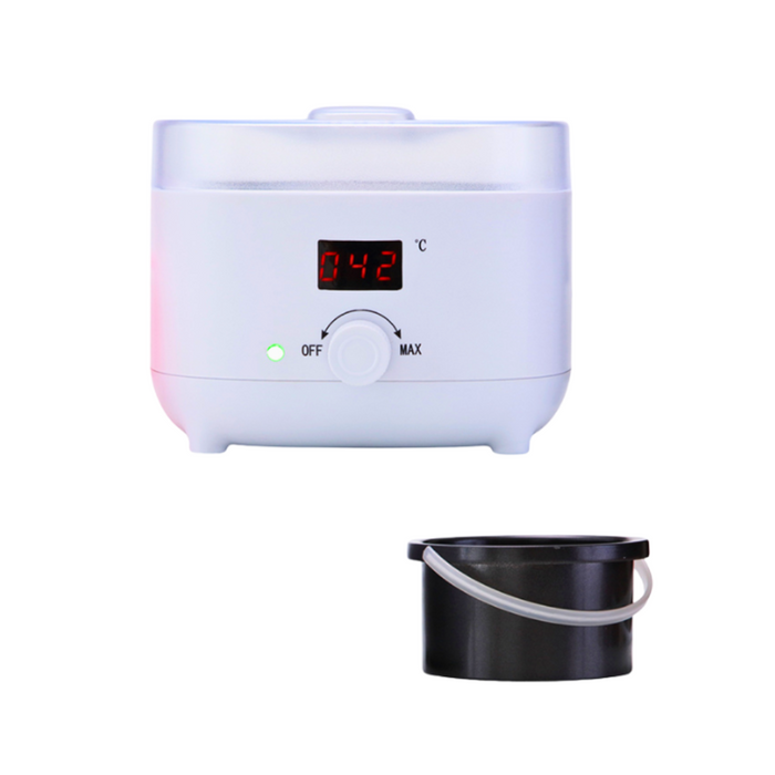 White 500g wax warmer with white lid, digital display and variable temperature knob.  Black metal insert pot with handle