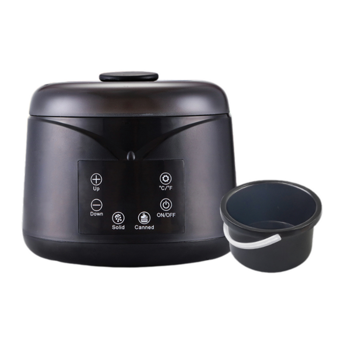 Black 500g wax warmer with lid, digital display and variable temperature setting.  Black metal insert pot with handle