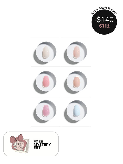 Product display with six extra short round press-on nail samples and a price tag on a white background