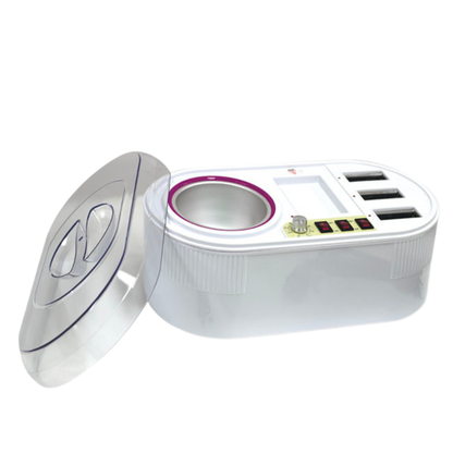 Q012B Dual 800g and Wax Cartridge Roller Heater / Warmer | A white wax heater/warmer with a clear plastic lid leaning against it, featuring a circular opening with a pink inner rim, three blank rectangular ports on the top, and a small control panel with colored buttons.