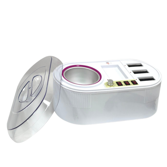 Q012B Dual 800g and Wax Cartridge Roller Heater / Warmer | A white wax heater/warmer with a clear plastic lid leaning against it, featuring a circular opening with a pink inner rim, three blank rectangular ports on the top, and a small control panel with colored buttons.