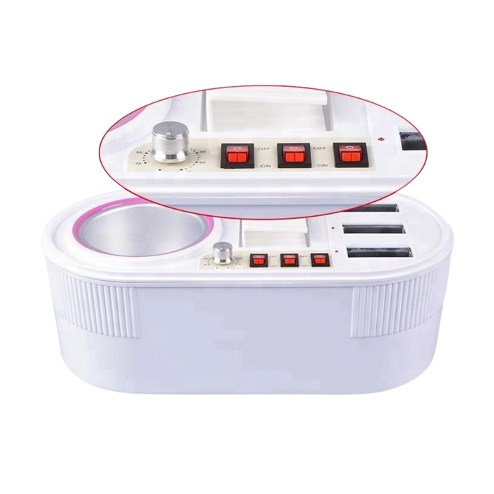 A white electric wax heater machine with a circular bowl for wax insert and three slots for wax cartridge rollers, control buttons, and a red circular inset highlighting the control panel details.