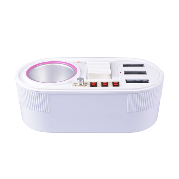 Q012B Dual 800g and Wax Cartridge Roller Heater / Warmer | A white oval-shaped wax heater/warmer with a pink-rimmed circular opening on the left for wax tin, a small silver dial, three red buttons, and three black rectangular ports for wax roller cartridges on the right, shown on a plain white background.