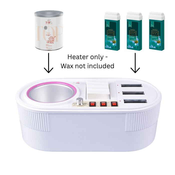 Q012B Dual 800g and Wax Roller Heater / Warmer | A white wax melting/heating machine shown on a light gray background, with arrows pointing up to a tin and three wax roller cartridges of wax labeled 'ITALWAX' and the text 'Heater only - Wax not included.'.