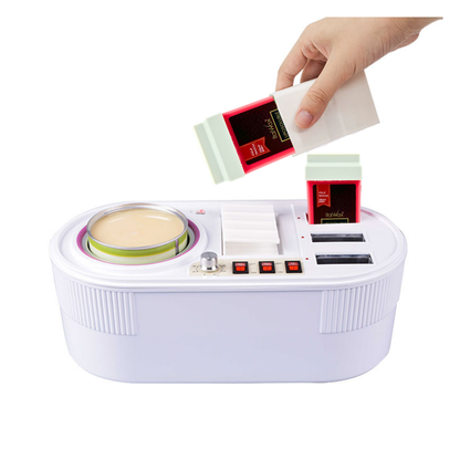 Q012B Dual 800g and Wax Cartridge Roller Heater / Warmer | A white electric wax warmer/heater machine with a cold wax tin of wax, control buttons, and slots for wax roller cartridges. A hand is shown holding a Italwax Strawberry cold wax roller above the machine against a plain white background.