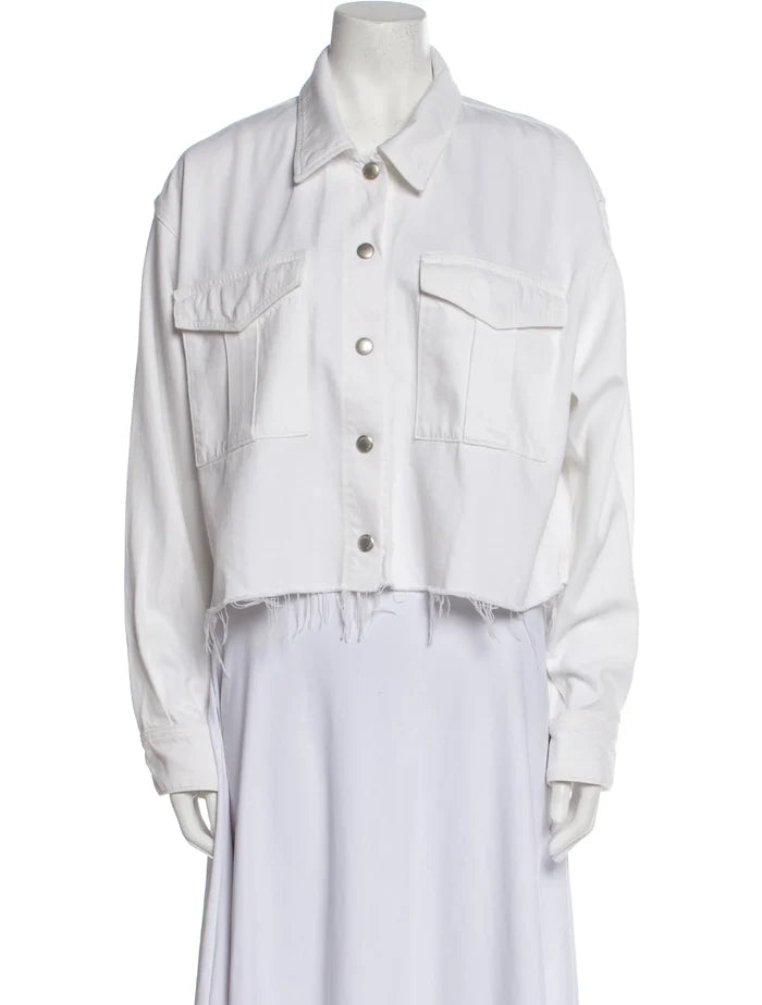 AGOLDE white oversized denim jacket in XS size, front view showing classic collar and button closure, new without tags