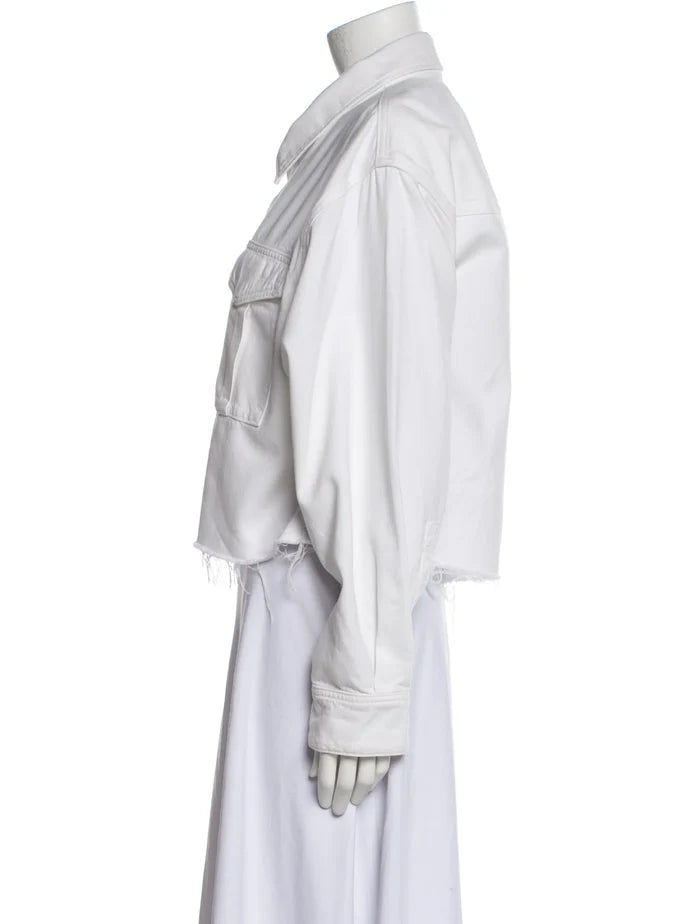 AGOLDE white oversized denim jacket in XS size, front view showing classic collar and button closure, NWOT condition.
