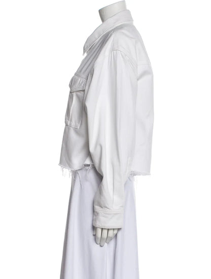 AGOLDE white oversized denim jacket in XS size, front view showing classic collar and button closure, NWOT condition.