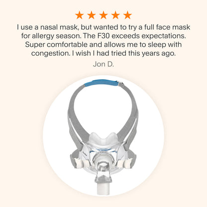 Testimonial praising the ResMed AirFit™ F30 Full Face Mask for its comfort and effectiveness during allergy season, highlighting its ability to accommodate nasal congestion.