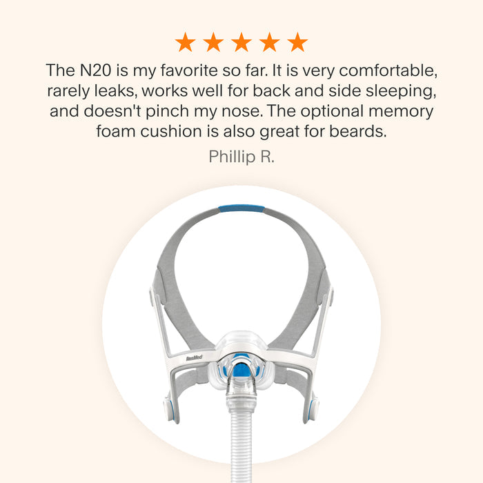 Testimonial for AirFit N20 mask highlighting comfort, minimal leaks, beard-friendly fit, and versatility for side or back sleepers.
