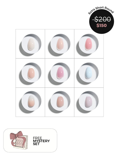 Grid of extra short round press-on nails with price and offer text on a white background