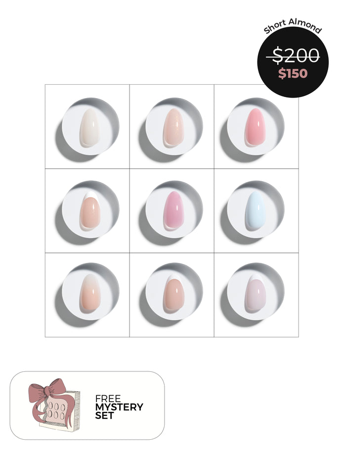 Short almond press-on nails with prices and a free mystery set offer on a white background