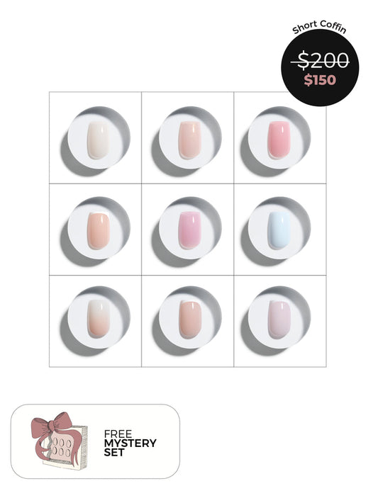 Short coffin press-on nails with prices and a free mystery set offer on a white background