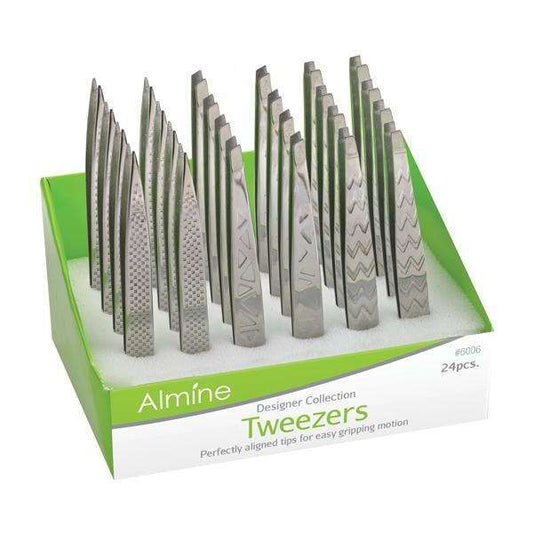 Almine Etched Mirror Polished Slant Tip Tweezers, 24 Count Display Set, Silver
