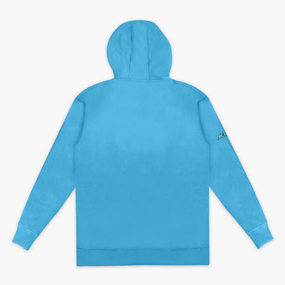 Blue hoodie with a brand logo on the sleeve against a white background