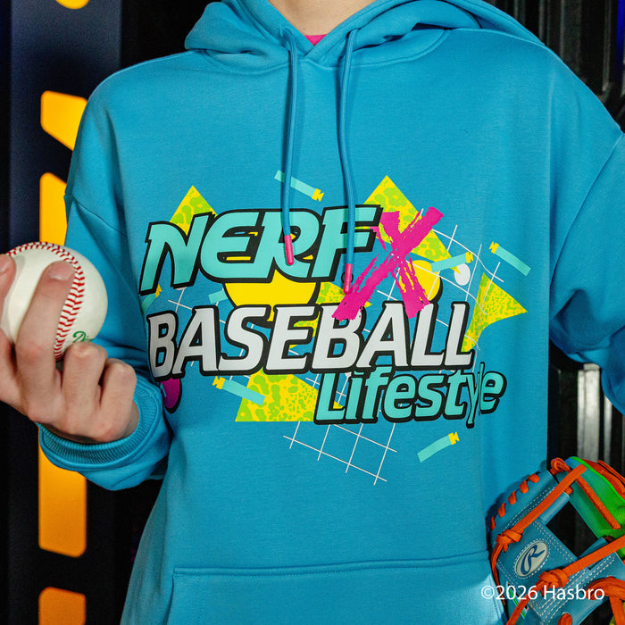 Person wearing a blue hoodie with 'NERF X BASEBALL Lifestyle' text, holding a baseball.