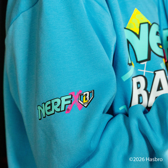 Blue hoodie with NERF X BL101 logo on sleeve and colorful text design.