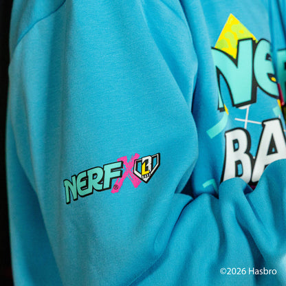 Blue hoodie with NERF X BL101 logo on sleeve and colorful text design.