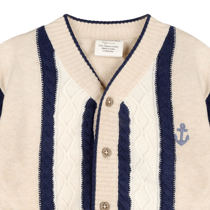 Organic Cotton Anchor Stripe Knit Baby Cardigan, Detail