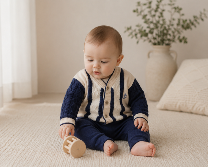 Baby in Anchor Stripe Knit Baby Cardigan, Organic Cotton by Viverano