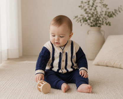 Baby in Anchor Stripe Knit Baby Cardigan, Organic Cotton by Viverano